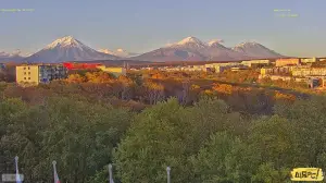 View of the volcanoes Koryaksky, Avachinsky, Kozelsky